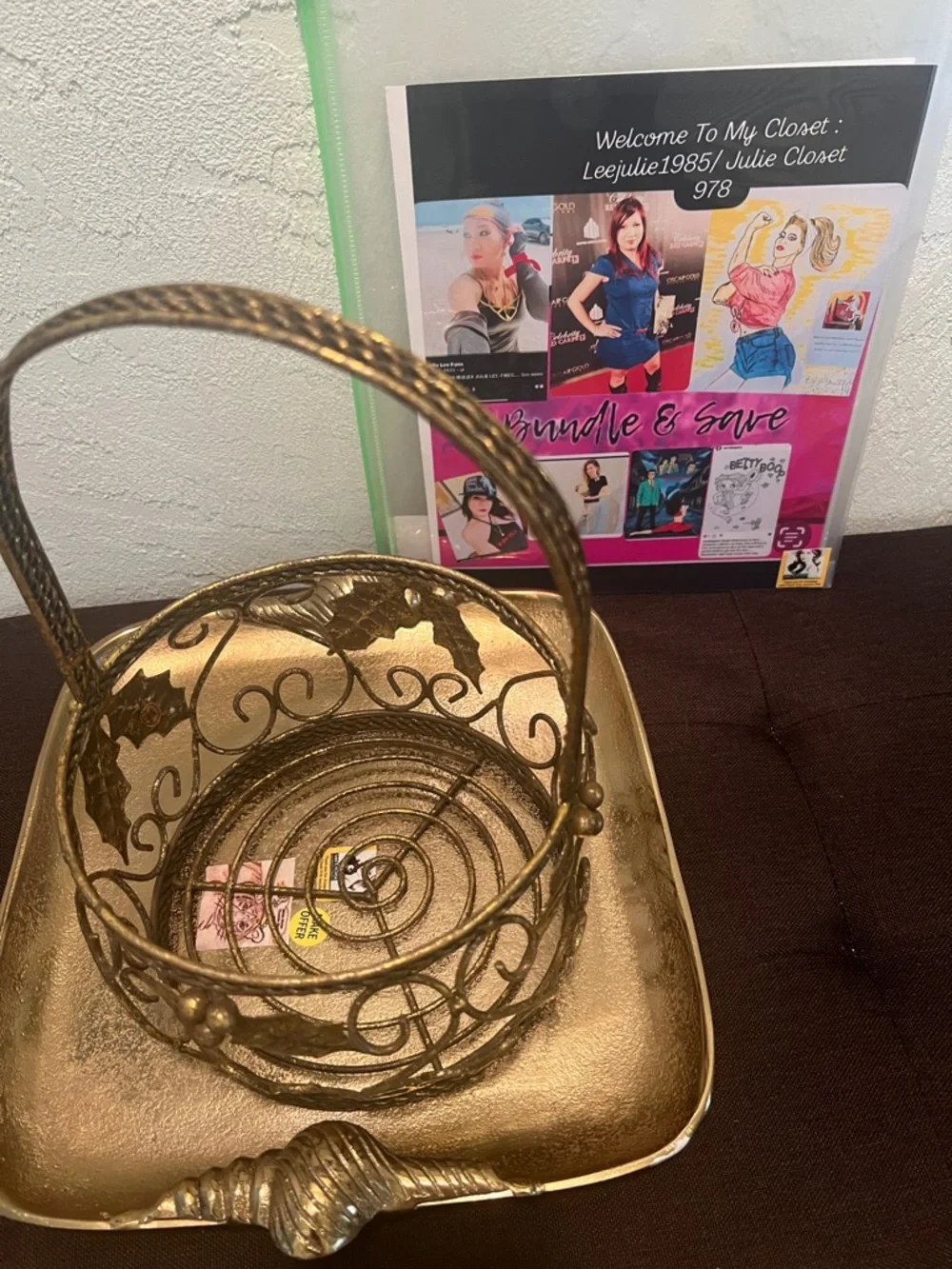 #1911** Vintage Decorative Gold Metal Holly Basket with Handle